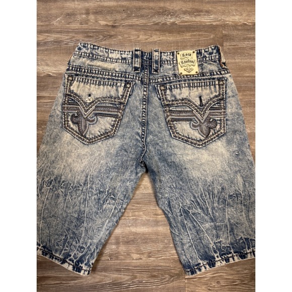 Rock Revival Denim Shorts Mens 36 Blue Distressed Embroidered Pockets - Picture 1 of 5